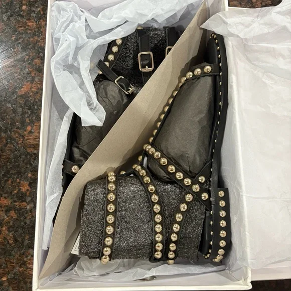 NEW Ash Play Stud Leather Embellished Sandals Black Gold Size 37 US 7 - Picture 6 of 8